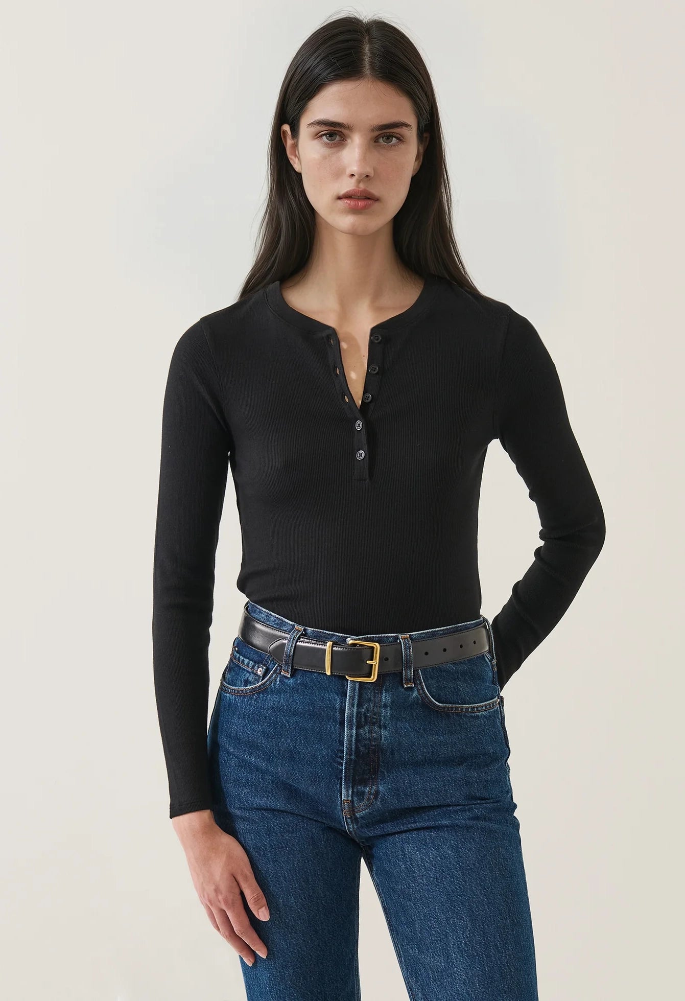 Pima Cotton Stretch Ribbed Long Sleeve Henley