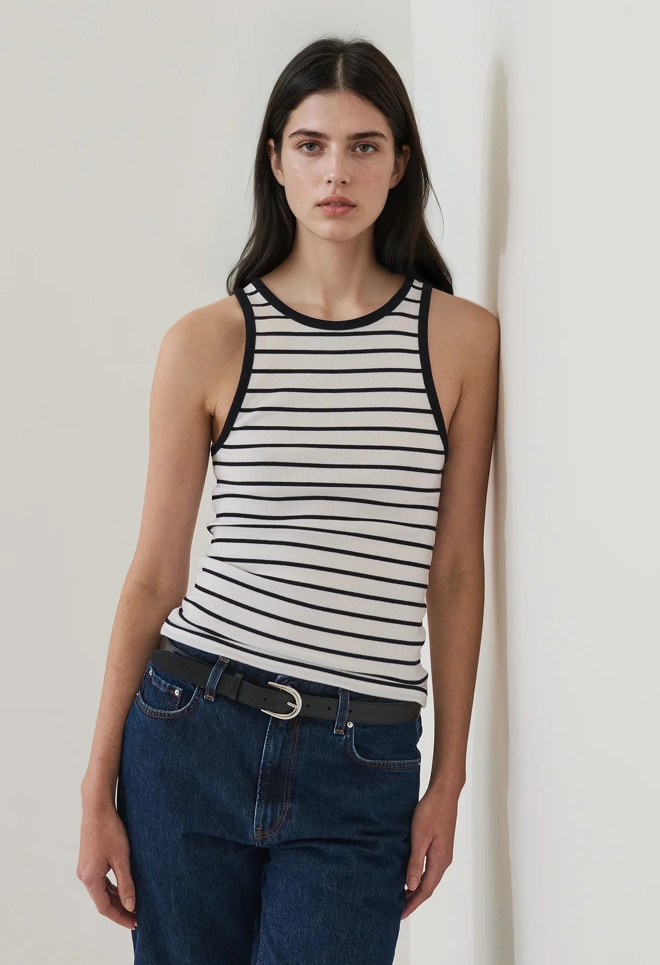 Pima Cotton Stretch Striped Ribbed High Crew Tank