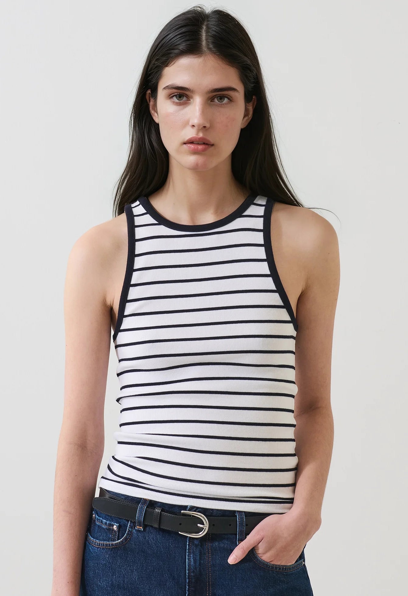 Pima Cotton Stretch Striped Ribbed High Crew Tank