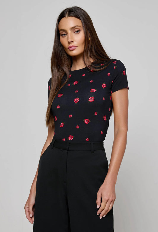 Ressi Fitted Tee Black Red Rose Embroidery