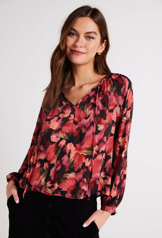 Shirred Raglan Tie Front Blouse