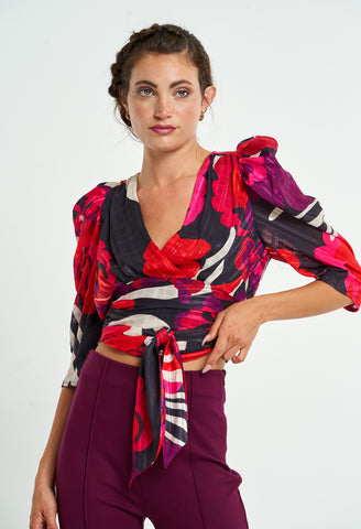 Abstract Floral Puff Sleeve Top
