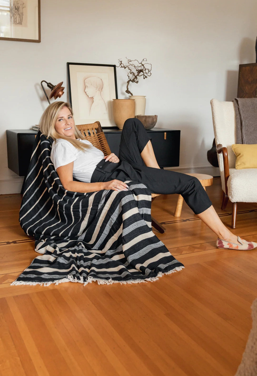 Striped Linen Blend Fleece Throw