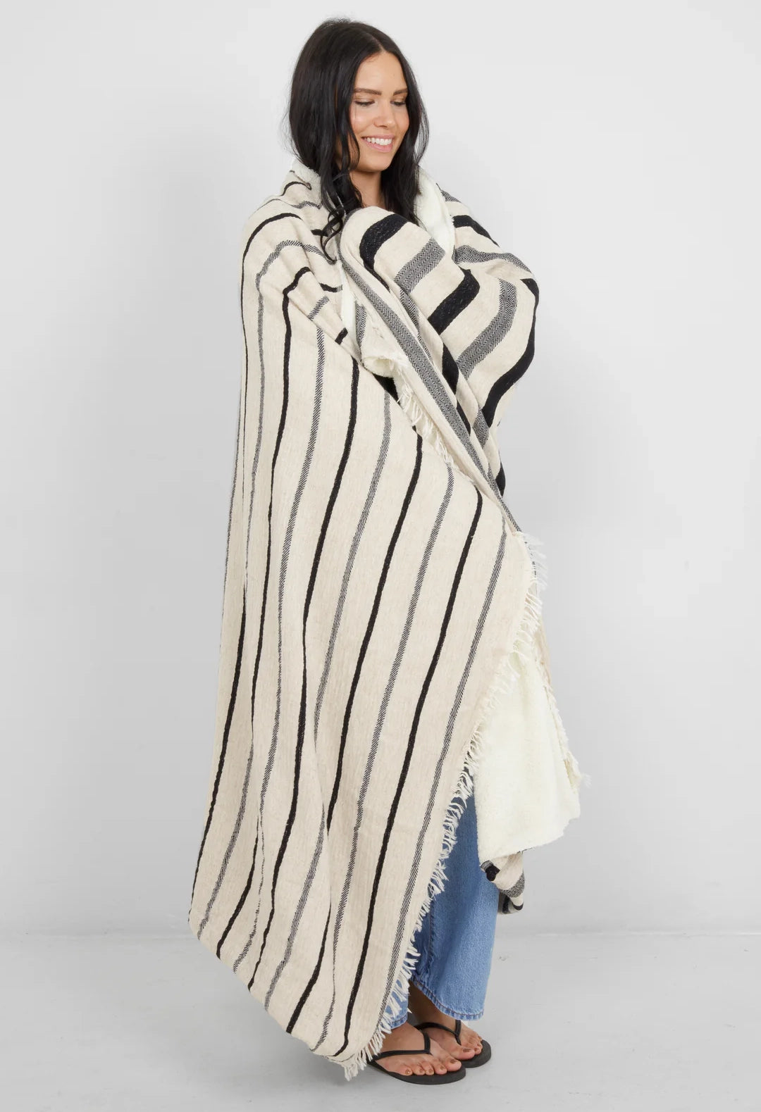 Striped Linen Blend Fleece Throw
