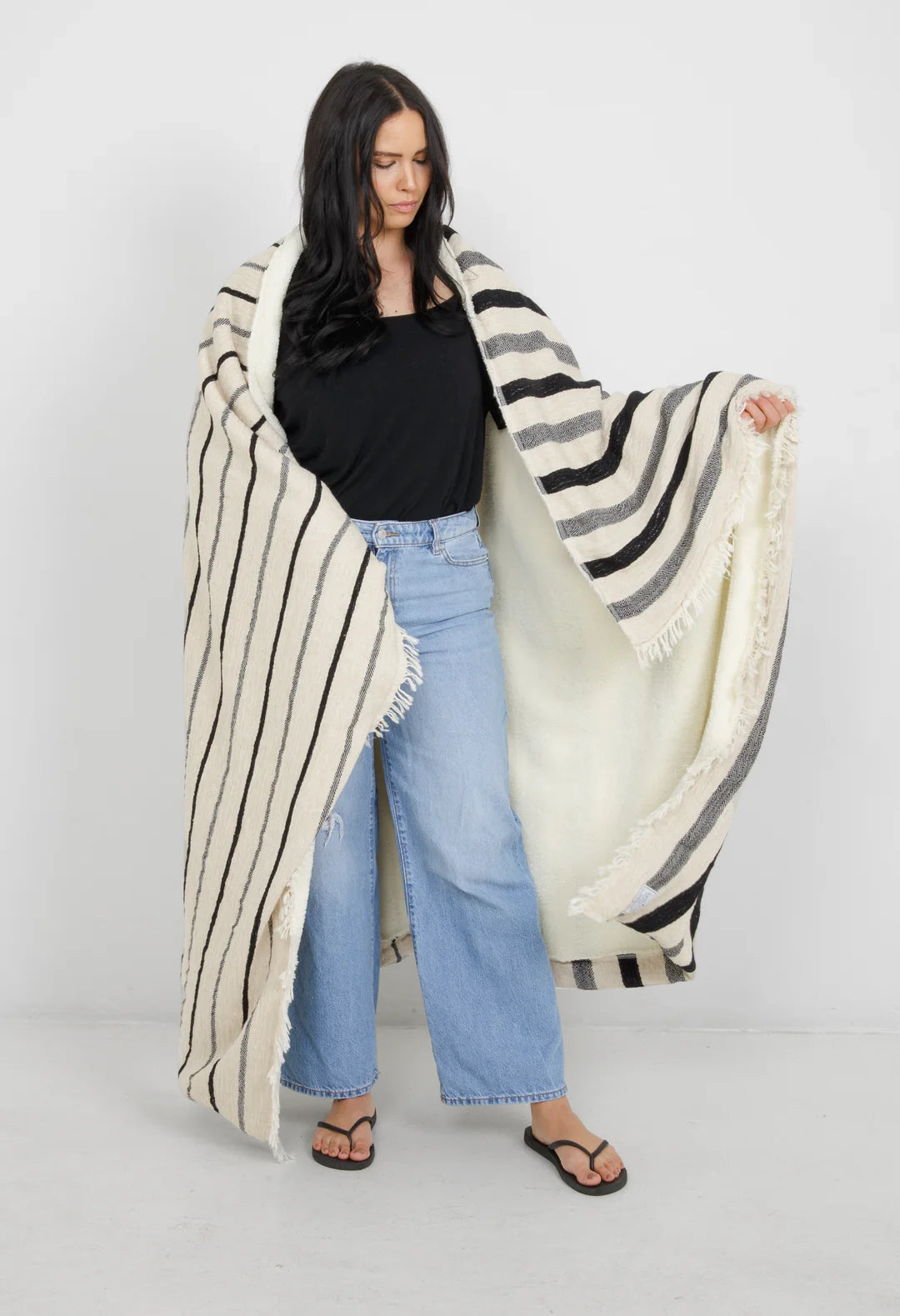 Striped Linen Blend Fleece Throw