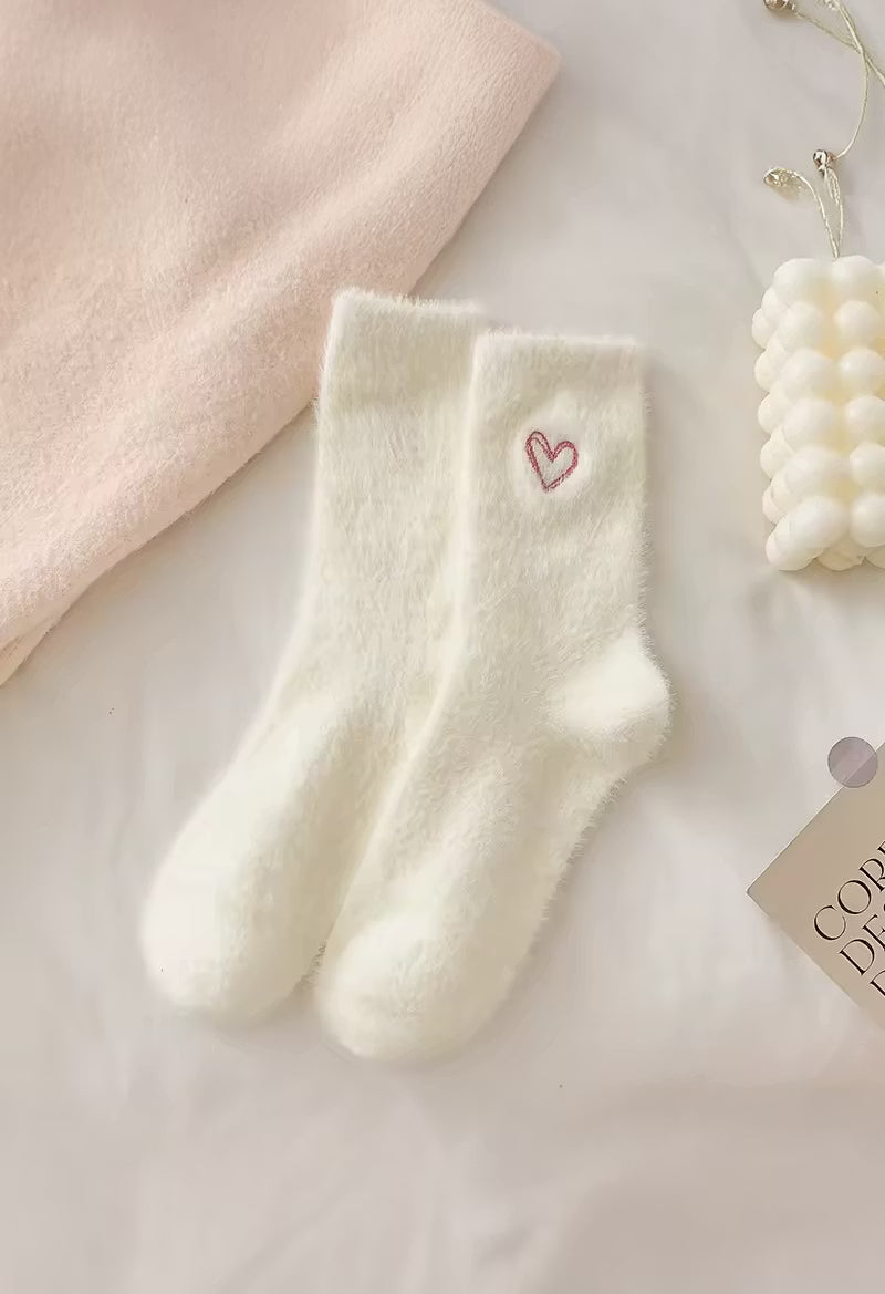 Fuzzy Cream Heart Socks