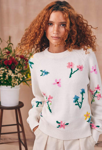 Cotton Tape Floral Crewneck Sweater