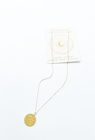 Zodiac Aquarius Cz Coin Necklace