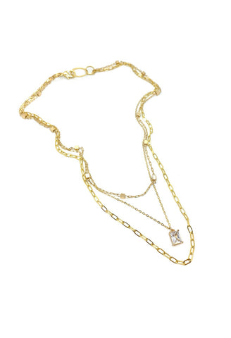 Triple Layered Gold Necklace with CZ Pendant